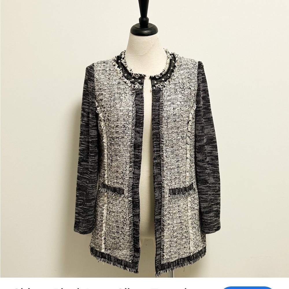 Chicos Black Ivory Silver Tweed Studded Open Front Woven Longer blazer